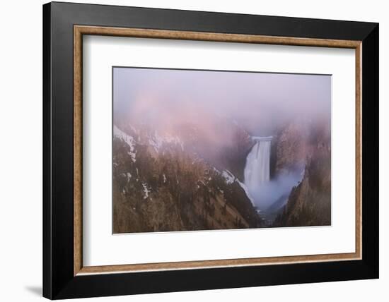 USA, Wyoming, Yellowstone National Park. Sunrise fog around Lower Yellowstone Falls.-Jaynes Gallery-Framed Photographic Print