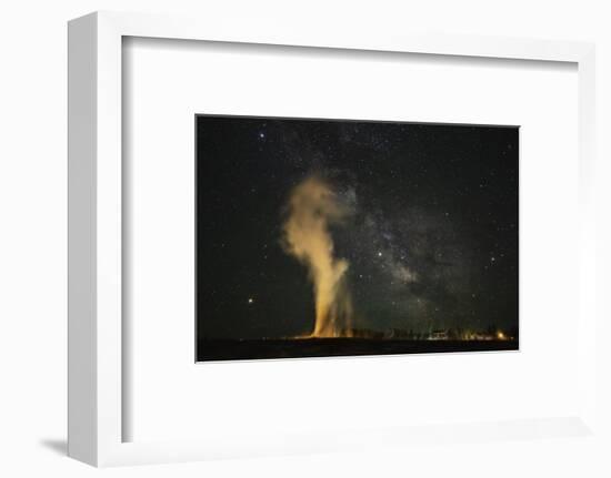 USA, Wyoming, Yellowstone NP. Milky Way and erupting Old Faithful Geyser.-Jaynes Gallery-Framed Photographic Print