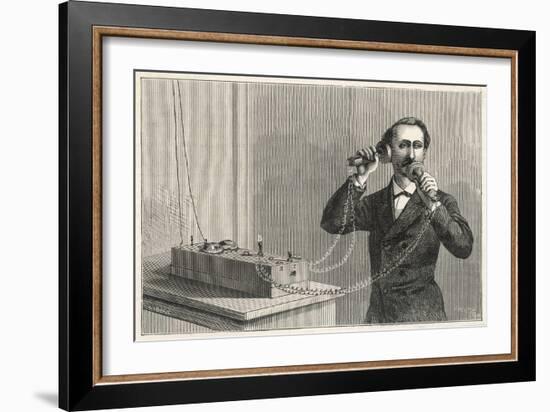 Using Bell's Original Telephone Apparatus-null-Framed Premium Giclee Print