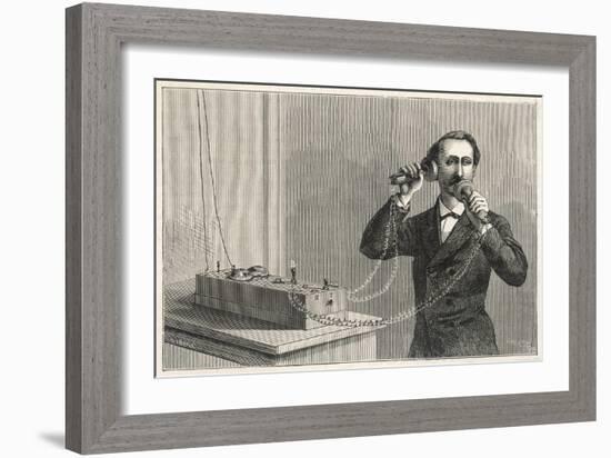 Using Bell's Original Telephone Apparatus-null-Framed Art Print