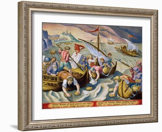 Using Sponges to Collect Naphtha from the Surface of the Waves-Jan van der Straet-Framed Giclee Print