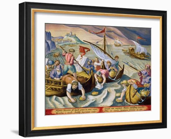 Using Sponges to Collect Naphtha from the Surface of the Waves-Jan van der Straet-Framed Giclee Print