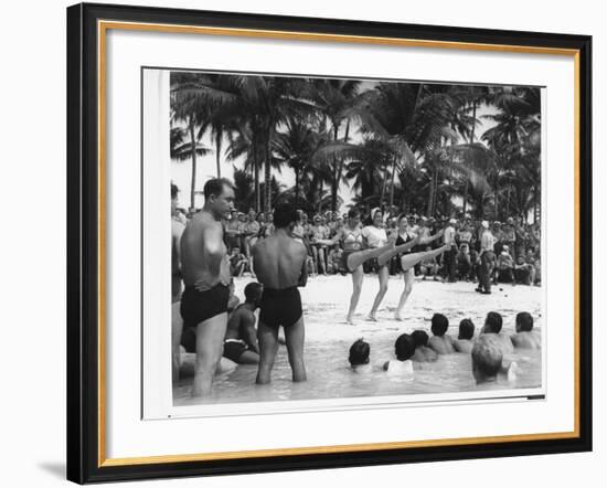 USO Chorus Girls Doing High-Kicks in Swimsuits During Impromptu Song and Dance on Beach-Peter Stackpole-Framed Premium Photographic Print