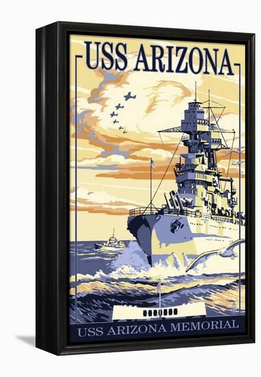 USS Arizona Battleship - Sunset Scene-Lantern Press-Framed Stretched Canvas