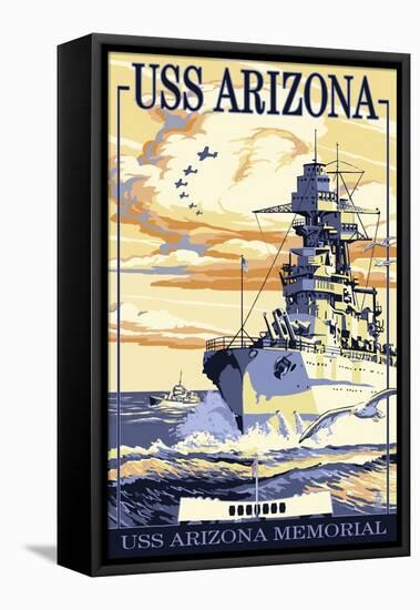 USS Arizona Battleship - Sunset Scene-Lantern Press-Framed Stretched Canvas