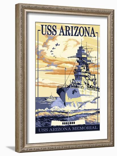 USS Arizona Battleship - Sunset Scene-Lantern Press-Framed Art Print