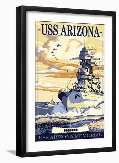 USS Arizona Battleship - Sunset Scene-Lantern Press-Framed Art Print