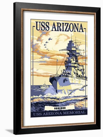 USS Arizona Battleship - Sunset Scene-Lantern Press-Framed Art Print