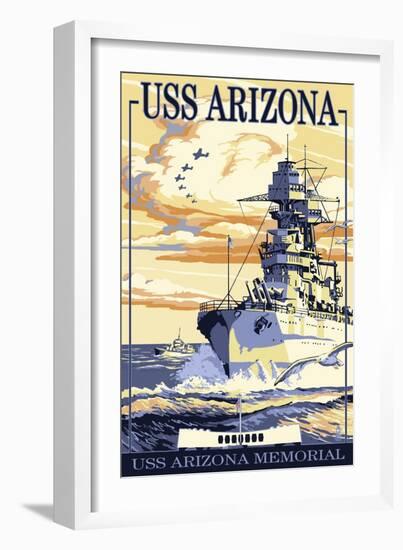 USS Arizona Battleship - Sunset Scene-Lantern Press-Framed Art Print
