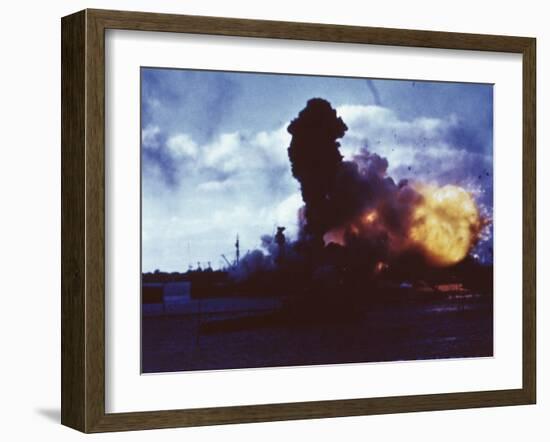 USS Arizona Burns at Pearl Harbor after Japanese Attack-null-Framed Photo