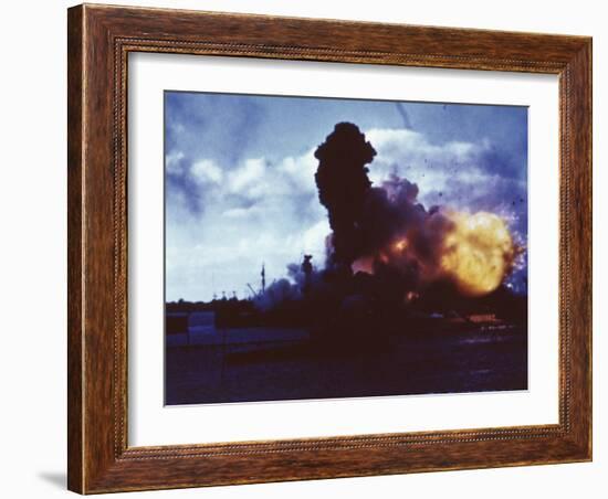 USS Arizona Burns at Pearl Harbor after Japanese Attack-null-Framed Photo