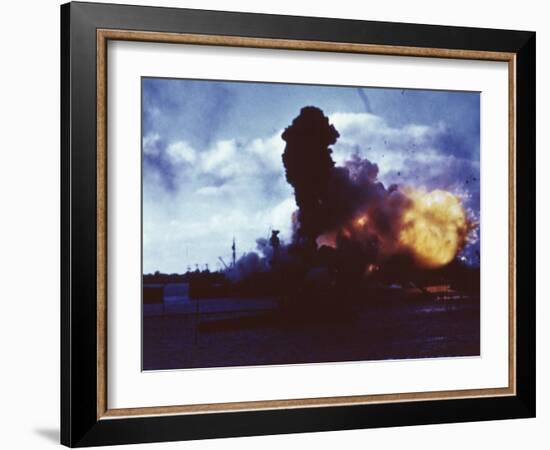 USS Arizona Burns at Pearl Harbor after Japanese Attack-null-Framed Photo