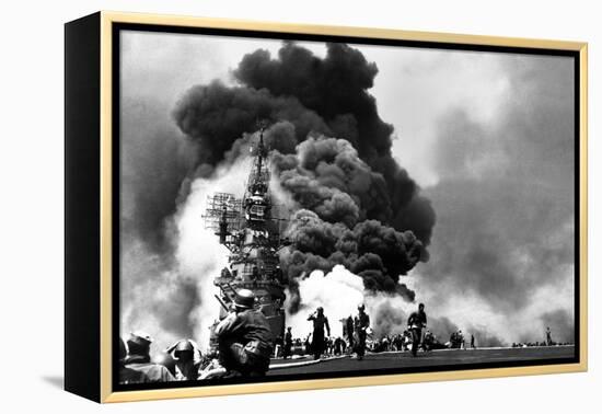 USS Bunker Hill Aircraft Carrier Burning after Two Kamikaze Strikes During the Battle of Okinawa-null-Framed Stretched Canvas