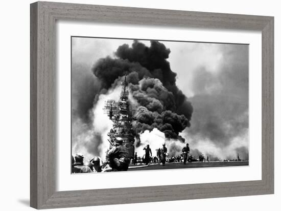 USS Bunker Hill Aircraft Carrier Burning after Two Kamikaze Strikes During the Battle of Okinawa-null-Framed Photo