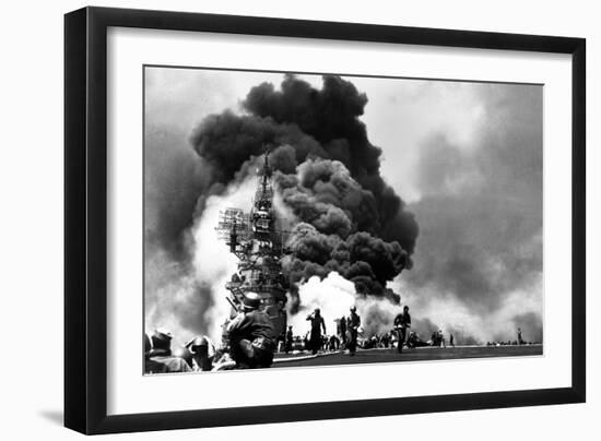 USS Bunker Hill Aircraft Carrier Burning after Two Kamikaze Strikes During the Battle of Okinawa-null-Framed Photo