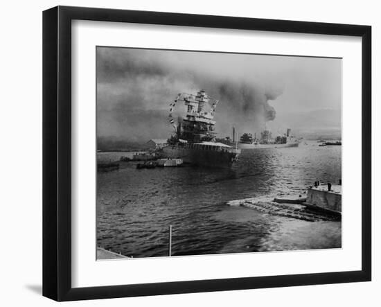 USS California Lists after Aerial Blows Taken During the Japanese Attack on Pearl Harbor-null-Framed Photo