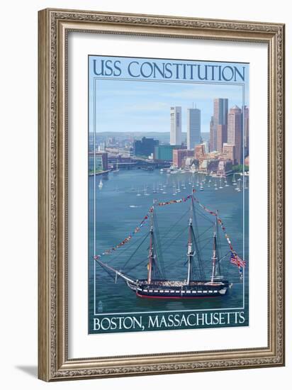 USS Constitution and Boston Skyline-Lantern Press-Framed Art Print