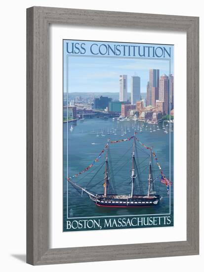 USS Constitution and Boston Skyline-Lantern Press-Framed Art Print