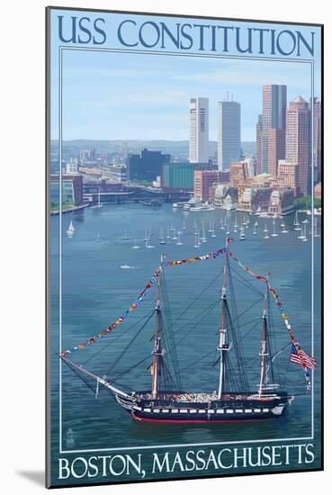USS Constitution and Boston Skyline-Lantern Press-Mounted Art Print
