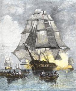 USS Constitution Being Towed in Rowboats Away from the Becalmed British Navy, War of 1812