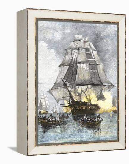 USS Constitution Being Towed in Rowboats Away from the Becalmed British Navy, War of 1812-null-Framed Premier Image Canvas