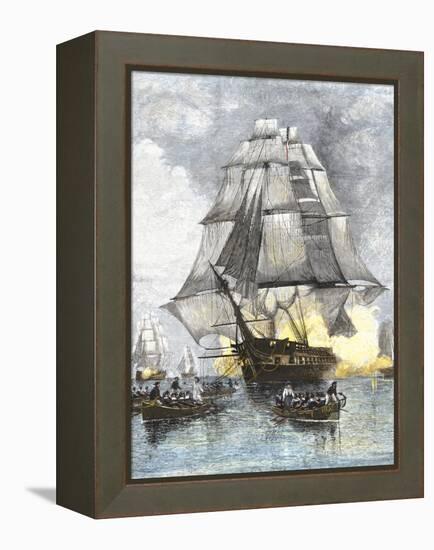 USS Constitution Being Towed in Rowboats Away from the Becalmed British Navy, War of 1812-null-Framed Premier Image Canvas