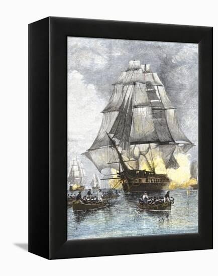 USS Constitution Being Towed in Rowboats Away from the Becalmed British Navy, War of 1812-null-Framed Premier Image Canvas