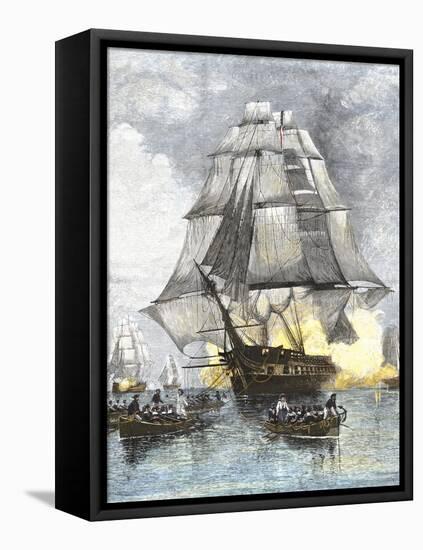 USS Constitution Being Towed in Rowboats Away from the Becalmed British Navy, War of 1812-null-Framed Premier Image Canvas