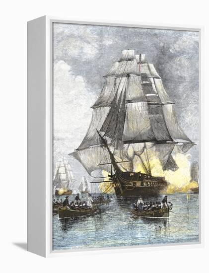 USS Constitution Being Towed in Rowboats Away from the Becalmed British Navy, War of 1812-null-Framed Premier Image Canvas