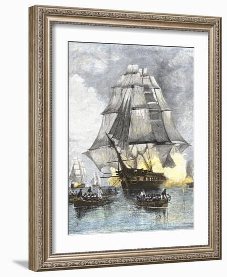 USS Constitution Being Towed in Rowboats Away from the Becalmed British Navy, War of 1812-null-Framed Giclee Print