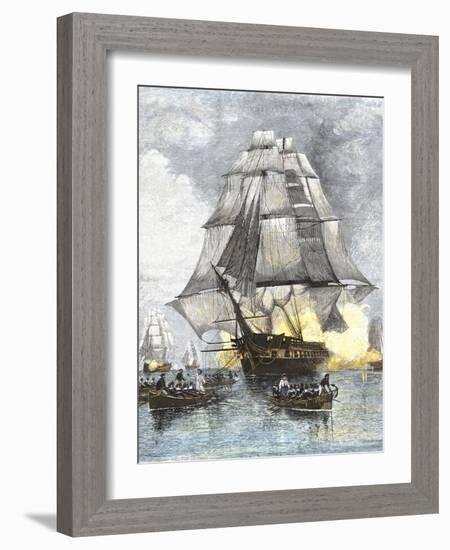 USS Constitution Being Towed in Rowboats Away from the Becalmed British Navy, War of 1812-null-Framed Giclee Print