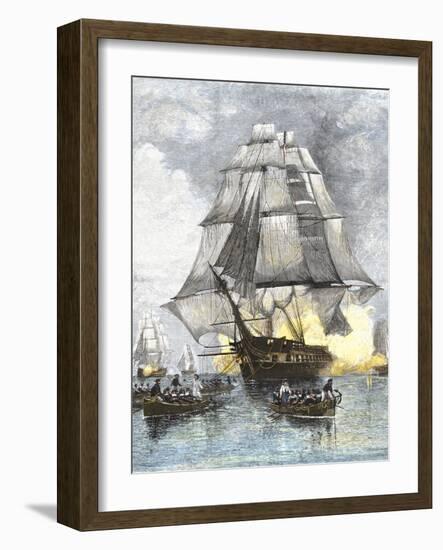 USS Constitution Being Towed in Rowboats Away from the Becalmed British Navy, War of 1812-null-Framed Giclee Print