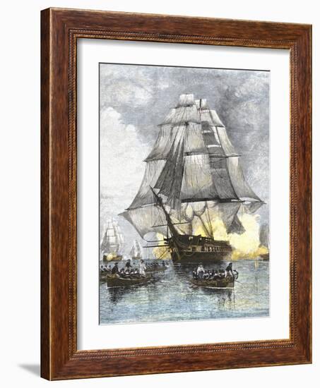 USS Constitution Being Towed in Rowboats Away from the Becalmed British Navy, War of 1812-null-Framed Giclee Print