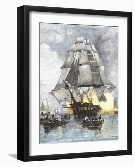 USS Constitution Being Towed in Rowboats Away from the Becalmed British Navy, War of 1812-null-Framed Giclee Print