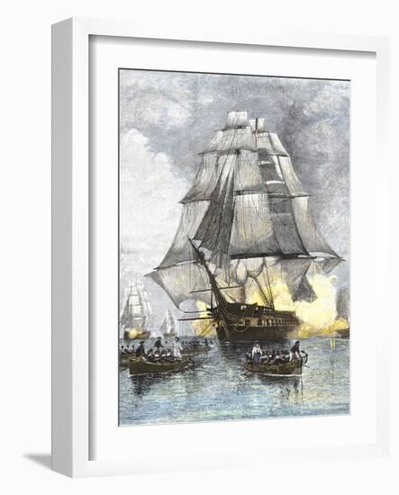 USS Constitution Being Towed in Rowboats Away from the Becalmed British Navy, War of 1812-null-Framed Giclee Print