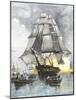 USS Constitution Being Towed in Rowboats Away from the Becalmed British Navy, War of 1812-null-Mounted Giclee Print