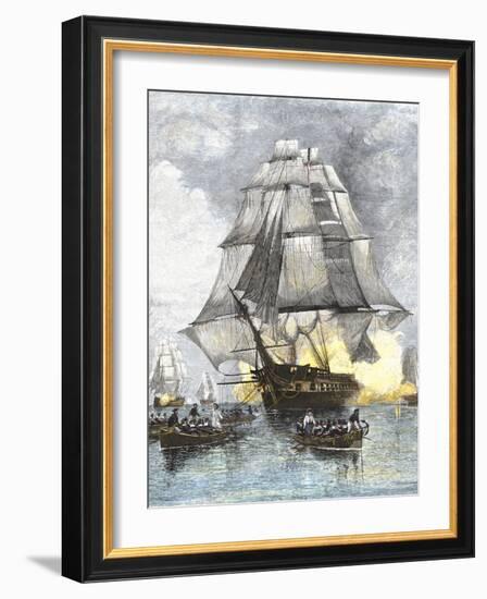 USS Constitution Being Towed in Rowboats Away from the Becalmed British Navy, War of 1812-null-Framed Giclee Print