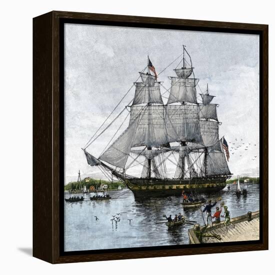 USS "Constitution" Being Towed Out of Boston Harbor, 1812-null-Framed Premier Image Canvas