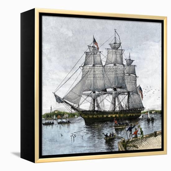 USS "Constitution" Being Towed Out of Boston Harbor, 1812-null-Framed Premier Image Canvas