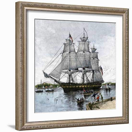 USS "Constitution" Being Towed Out of Boston Harbor, 1812-null-Framed Giclee Print