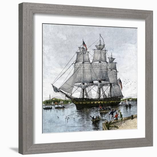 USS "Constitution" Being Towed Out of Boston Harbor, 1812-null-Framed Giclee Print