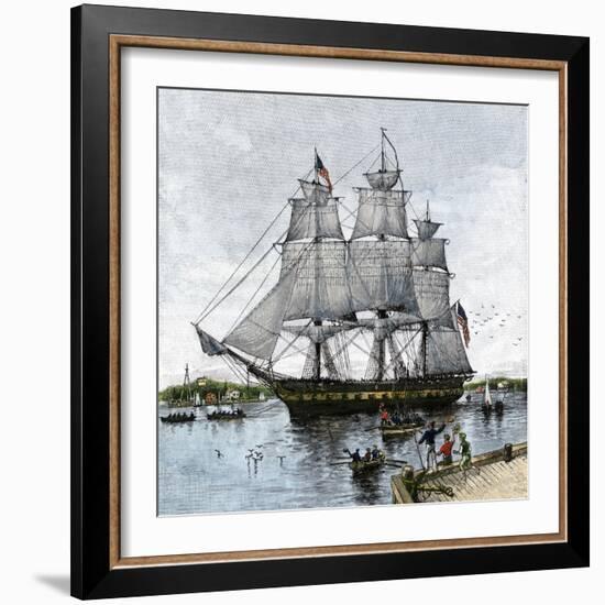 USS "Constitution" Being Towed Out of Boston Harbor, 1812-null-Framed Giclee Print