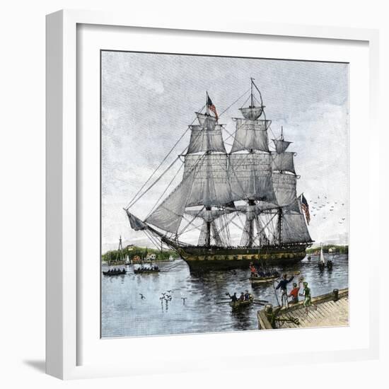 USS "Constitution" Being Towed Out of Boston Harbor, 1812-null-Framed Giclee Print