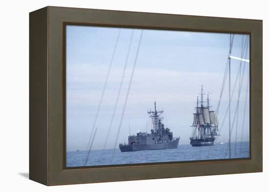 USS Constitution "Old Ironsides" Under Sail, Escorted by Modern US Navy Frigate, 1997-null-Framed Premier Image Canvas