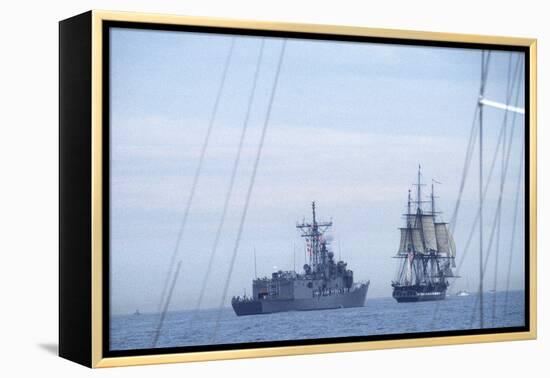 USS Constitution "Old Ironsides" Under Sail, Escorted by Modern US Navy Frigate, 1997-null-Framed Premier Image Canvas