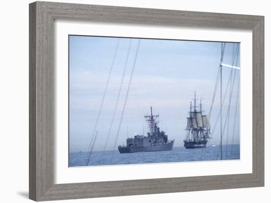 USS Constitution "Old Ironsides" Under Sail, Escorted by Modern US Navy Frigate, 1997-null-Framed Photographic Print