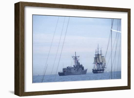 USS Constitution "Old Ironsides" Under Sail, Escorted by Modern US Navy Frigate, 1997-null-Framed Photographic Print