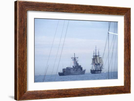 USS Constitution "Old Ironsides" Under Sail, Escorted by Modern US Navy Frigate, 1997-null-Framed Photographic Print