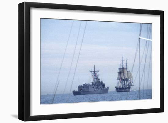 USS Constitution "Old Ironsides" Under Sail, Escorted by Modern US Navy Frigate, 1997-null-Framed Photographic Print