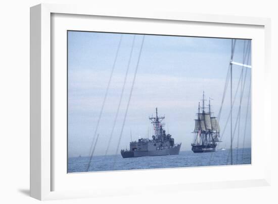 USS Constitution "Old Ironsides" Under Sail, Escorted by Modern US Navy Frigate, 1997-null-Framed Photographic Print